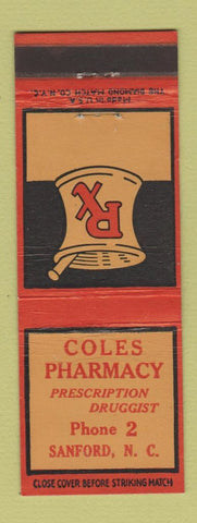 Matchbook Cover - Coles Pharmacy Drug Store Sanford NC low phone #
