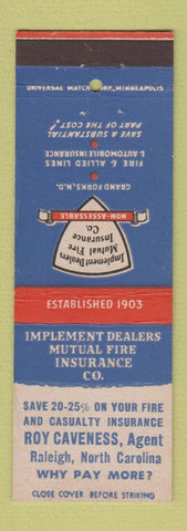 Matchbook Cover - Implement Dealers Insurance Roy Caveness Raleigh NC