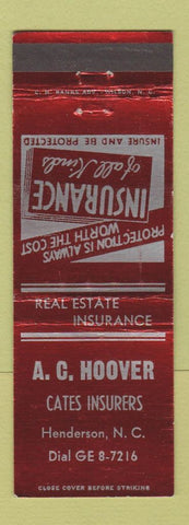 Matchbook Cover - AC Hoovers Cates Insurance Henderson NC