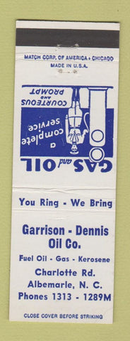 Matchbook Cover - Garrison Dennis oil gas Albermarle NC