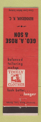 Matchbook Cover - Timely Men's Clothes Geo Rose Henderson NC
