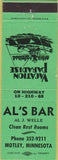 Matchbook Cover - Al's Bar Motley MN green