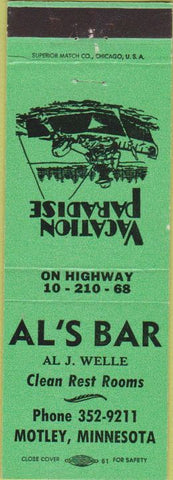 Matchbook Cover - Al's Bar Motley MN green