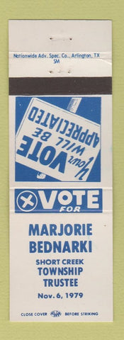 Matchbook Cover Marjorie Bednarki Trustee Election Short Creek Township OH 1979