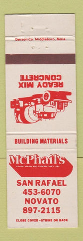 Matchbook Cover - McPhail's Concrete Novato San Rafael CA
