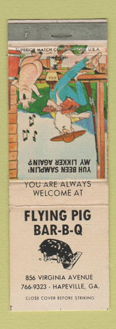 Matchbook Cover - Flying Pig BBQ Hapeville GA hillbilly WEAR