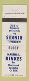 Matchbook Cover - Martha Rinkes Short Creek Township Clerk Election OH