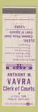 Matchbook Cover - Anthony Vavra Clerk of Courts OH