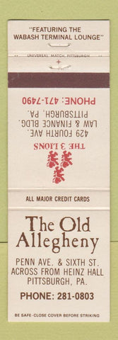 Matchbook Cover - Old Allegheny Restaurant Pittsburgh PA 3 Lions