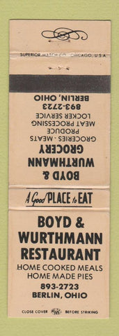 Matchbook Cover - Boyd & Wurthmann Restaurant Grocery Berlin OH