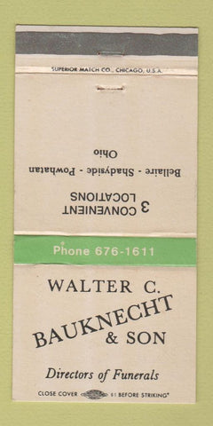 Matchbook Cover - Walter Bauknecht Funeral Home Bellaire Powhatan OH 30 Strike