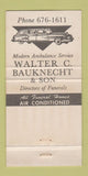 Matchbook Cover - Walter Bauknecht Funeral Home Bellaire Powhatan OH 30 Strike