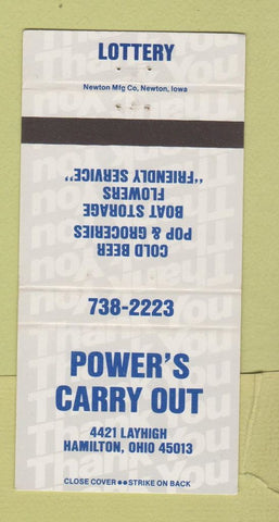 Matchbook Cover - Power's Carry Out liquor grocery Hamilton OH 30 Strike