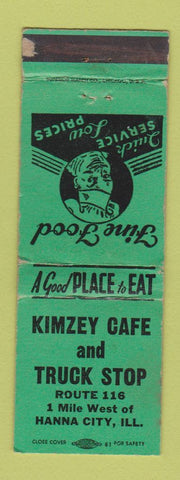 Matchbook Cover - Kimzey Cafe Truck Stop Hanna City IL GREEN WORN