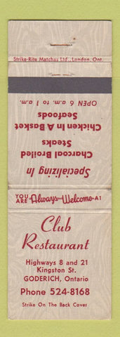 Matchbook Cover - Club Restaurant Goderich ON