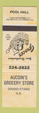 Matchbook Cover - Aucoin's grocery Store billiards Grand Etang NS YELLOW