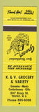 Matchbook Cover - K&V Grocery Variety Store Truro NS