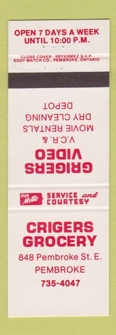Matchbook Cover - Crigers Grocery Pembroke ON