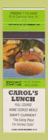 Matchbook Cover - Carol's Lunch Swift Current SK