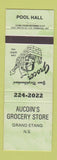 Matchbook Cover - Aucoin's grocery Store billiards Grand Etang NS GREEN