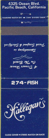 Matchbook Cover - Halligan's Restaurant Pacific Beach CA