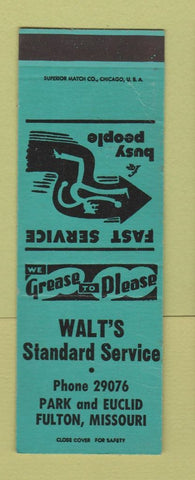 Matchbook Cover - Walt's Standard oil gas Fulton MO SAMPLE CREASE
