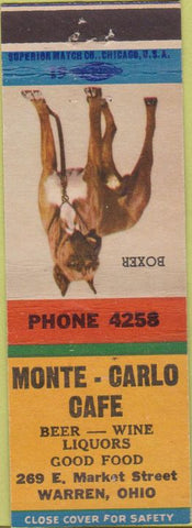 Matchbook Cover - Monte Carlo Cafe Warren OH Boxer