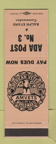 Matchbook Cover - Amvets Ada Post OH? SAMPLE WEAR