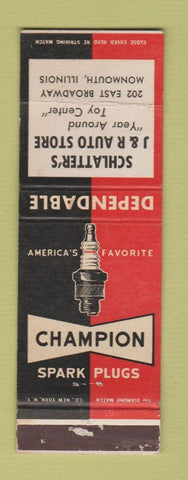 Matchbook Cover Champion Spark Plugs Schlatter's J&R Auto Store Monmouth IL WORN