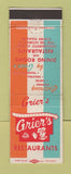 Matchbook Cover Grier's Restaurants Aurora Chicago IL Madison WI Springfield IL