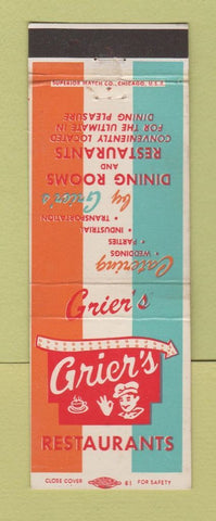 Matchbook Cover Grier's Restaurants Aurora Chicago IL Madison WI Springfield IL
