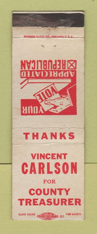 Matchbook Cover - Vincent Carlson County Treasurer Election
