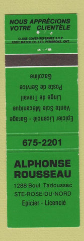 Matchbook Cover - Alphonse Rousseau grocery oil gas Ste Rose Du Nord QC