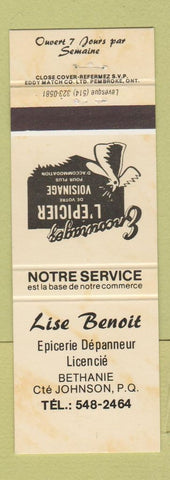 Matchbook Cover - Lise Benoit Grocery Bethanie Johnson QC