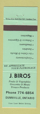 Matchbook Cover - Biros Grocery Texaco oil gas Dunnville ON GREEN
