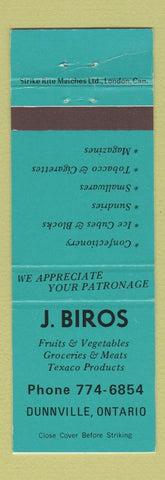 Matchbook Cover - Biros Grocery Texaco oil gas Dunnville ON TEAL