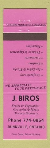 Matchbook Cover - Biros Grocery Texaco oil gas Dunnville ON DARK PINK