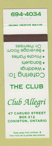 Matchbook Cover - Club Allegri Coniston ON