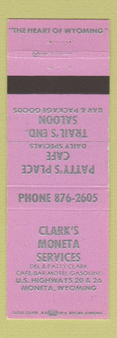 Matchbook Cover Clark's Moneta Services WY Trail's End Saloon Patty's Place Cafe