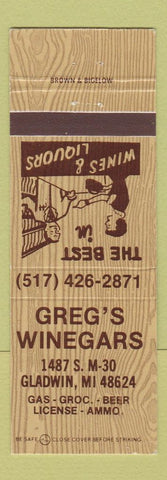 Matchbook Cover - Greg's Winegars Gladwin MI oil gas beer ammo