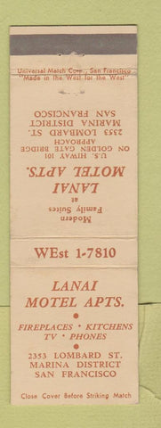 Matchbook Cover - Lanai Motel Apartments San Francisco CA