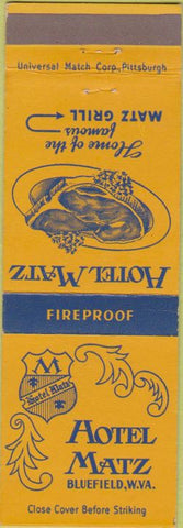 Matchbook Cover - Hotel Matz Bluefield WV