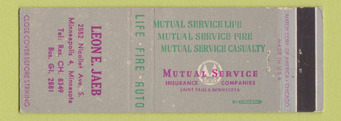 Matchbook Cover - Mutual Service Insurance Leon Jaeb Minneapolis MN