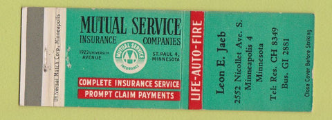 Matchbook Cover - Mutual Service Insurance Leon Jaeb Minneapolis MN