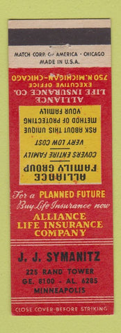 Matchbook Cover - JJ Symanitz Insurance Alliance Life Minneapolis MN