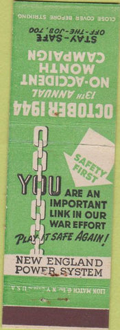 Matchbook Cover - Oct 1944 No Accident Month New England Power