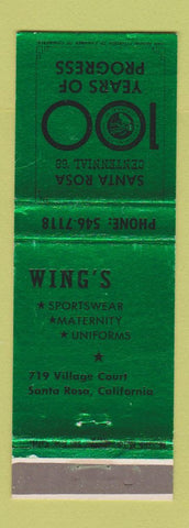 Matchbook Cover - Santa Rosa CA Centennial 1969 Wing's CA