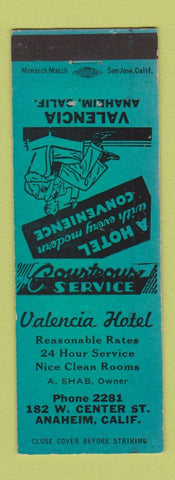 Matchbook Cover - Valencia Hotel Anaheim CA