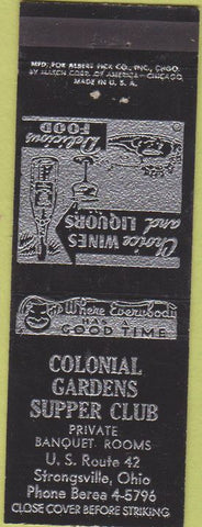 Matchbook Cover - Colonial Gardens Supper Club Strongsville OH