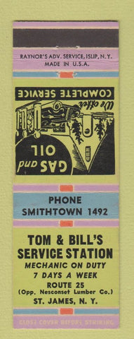 Matchbook Cover - Tom & Bill's Service oil gas St James NY